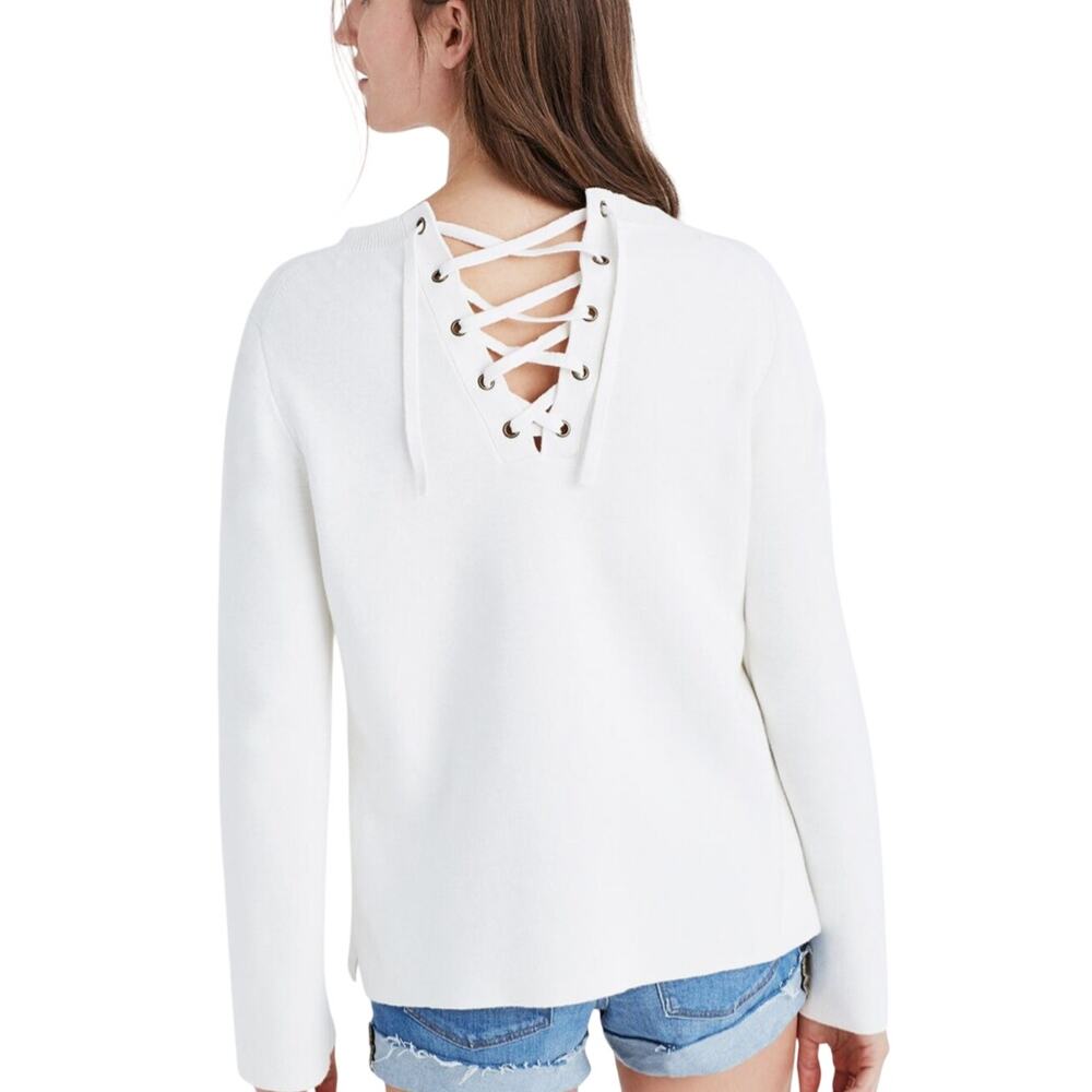 Madewell 100% Cotton White Laced Back Knit Casual Comfort Cute Pullover Sweater - Picture 1 of 12
